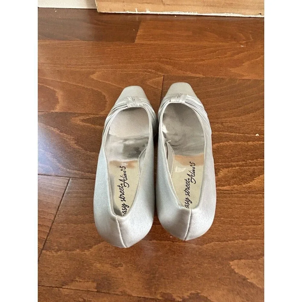 Easy Street Silver Satin Low Flare Heel Dress Pump with Bow